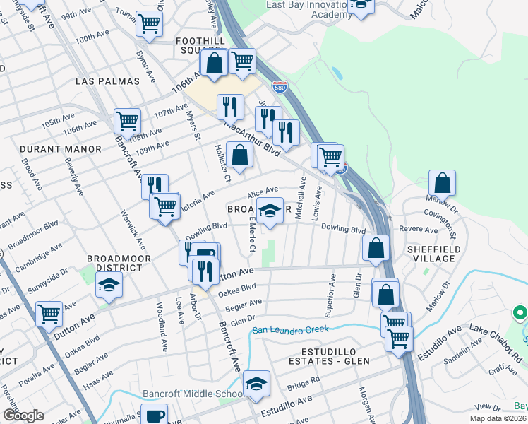 map of restaurants, bars, coffee shops, grocery stores, and more near 923 Helen Avenue in San Leandro