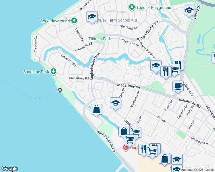 map of restaurants, bars, coffee shops, grocery stores, and more near Leonard Court in Alameda