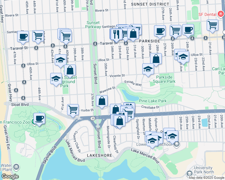 map of restaurants, bars, coffee shops, grocery stores, and more near 2711 34th Avenue in San Francisco