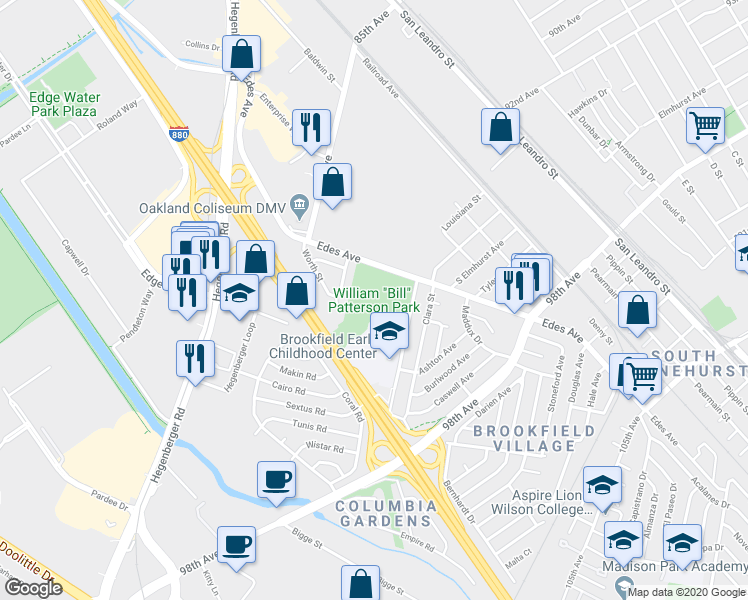 map of restaurants, bars, coffee shops, grocery stores, and more near 9175 Edes Avenue in Oakland