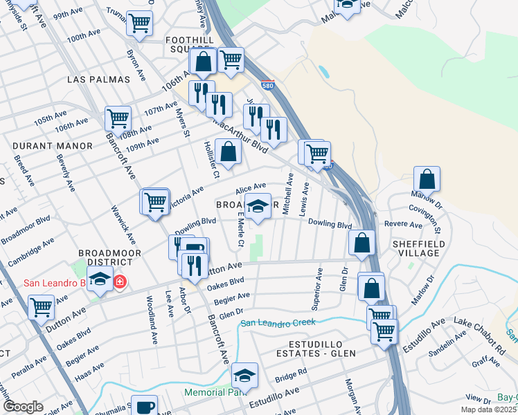map of restaurants, bars, coffee shops, grocery stores, and more near 937 Helen Avenue in San Leandro