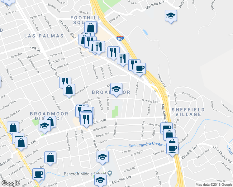 map of restaurants, bars, coffee shops, grocery stores, and more near 937 Helen Avenue in San Leandro
