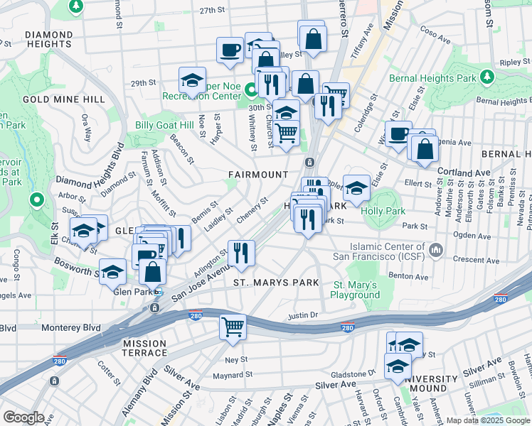 map of restaurants, bars, coffee shops, grocery stores, and more near 286 Arlington Street in San Francisco