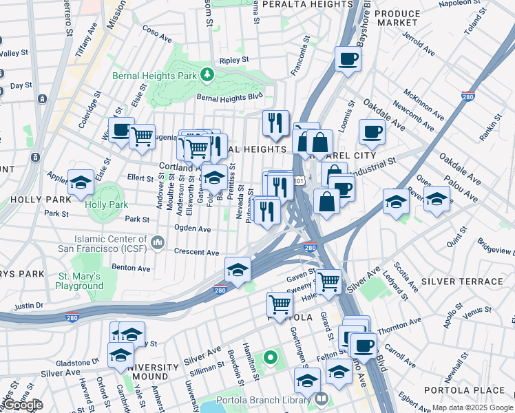 map of restaurants, bars, coffee shops, grocery stores, and more near 945 Tompkins Avenue in San Francisco