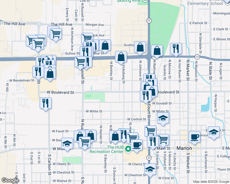 map of restaurants, bars, coffee shops, grocery stores, and more near West Boulevard Street in Marion