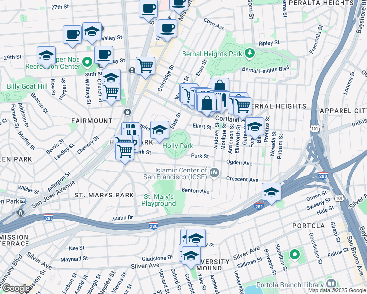 map of restaurants, bars, coffee shops, grocery stores, and more near 266-352 Holly Park Circle in San Francisco