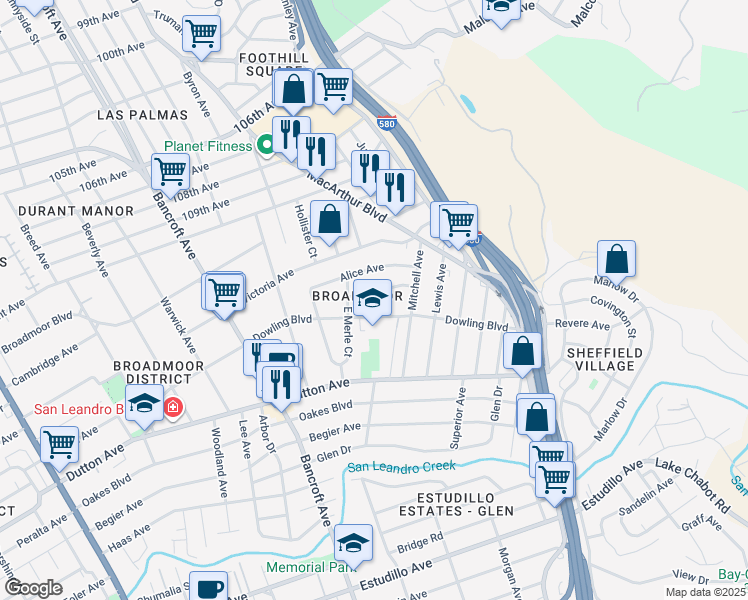 map of restaurants, bars, coffee shops, grocery stores, and more near 937 Helen Avenue in San Leandro
