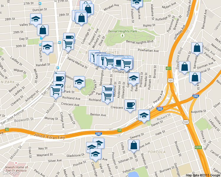 map of restaurants, bars, coffee shops, grocery stores, and more near Andover St & Highland Ave in San Francisco
