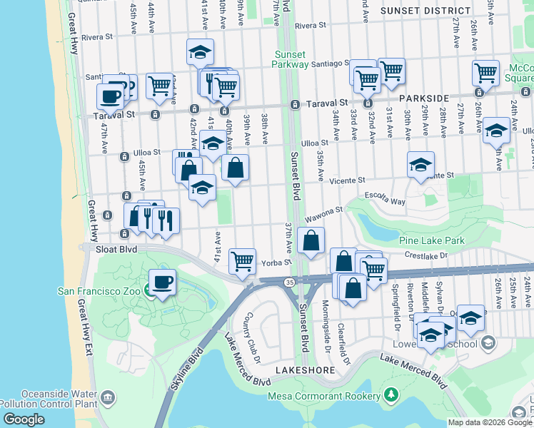 map of restaurants, bars, coffee shops, grocery stores, and more near 2675 38th Avenue in San Francisco
