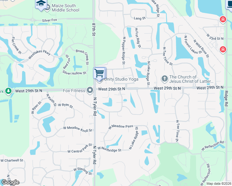 map of restaurants, bars, coffee shops, grocery stores, and more near 2953 Pepper Ridge Court in Wichita