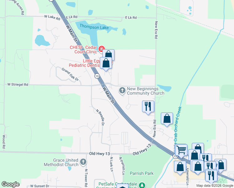 map of restaurants, bars, coffee shops, grocery stores, and more near 2611 West Striegel Road in Carbondale