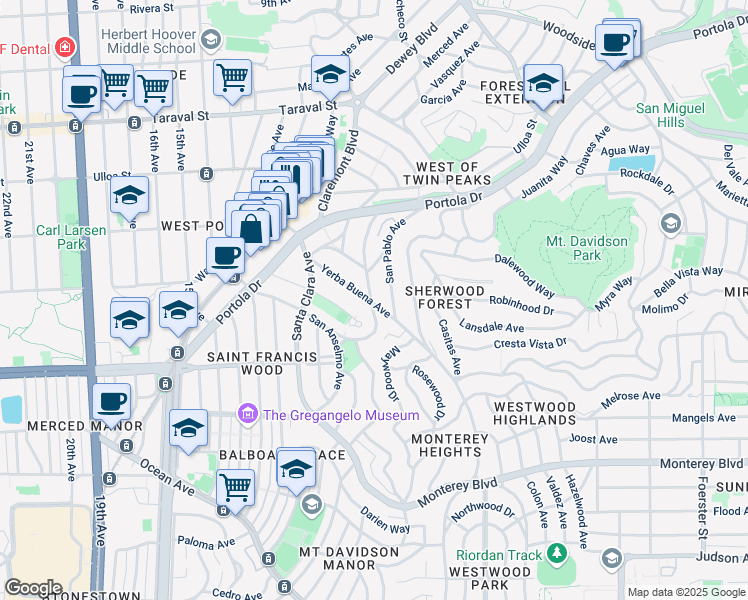 map of restaurants, bars, coffee shops, grocery stores, and more near 107 Yerba Buena Avenue in San Francisco