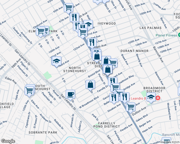 map of restaurants, bars, coffee shops, grocery stores, and more near 1306 107th Avenue in Oakland