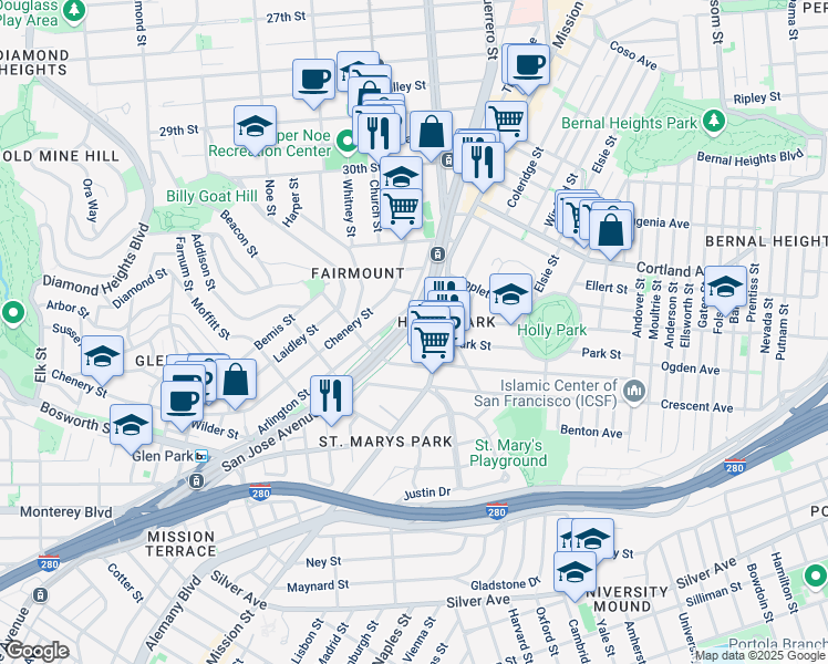 map of restaurants, bars, coffee shops, grocery stores, and more near 3730 V in San Francisco