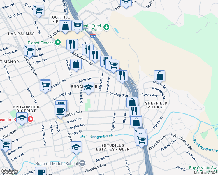 map of restaurants, bars, coffee shops, grocery stores, and more near 456 Lewis Avenue in San Leandro