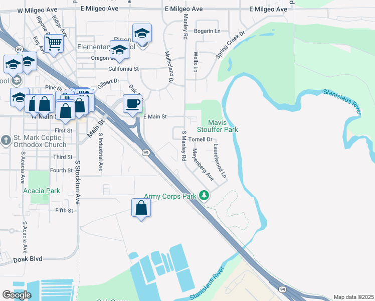 map of restaurants, bars, coffee shops, grocery stores, and more near 240 South Manley Road in Ripon