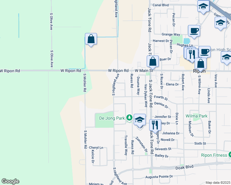 map of restaurants, bars, coffee shops, grocery stores, and more near 426 South Highland Avenue in Ripon