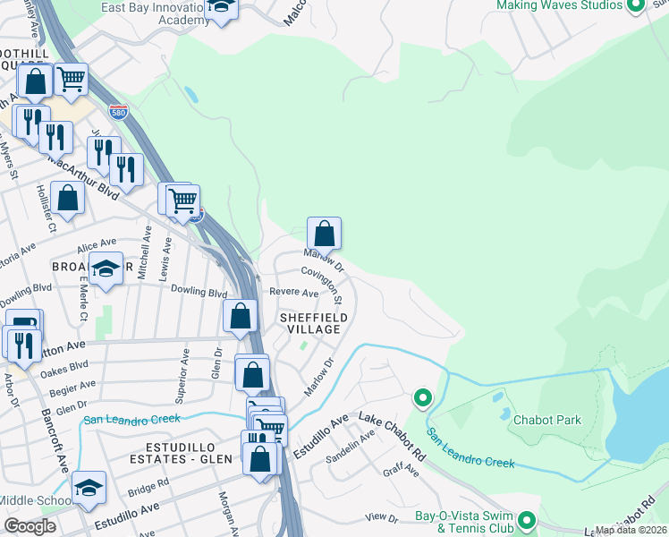 map of restaurants, bars, coffee shops, grocery stores, and more near 176 Marlow Drive in Oakland