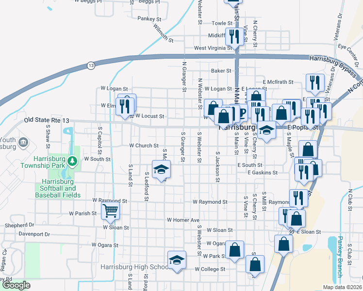map of restaurants, bars, coffee shops, grocery stores, and more near 100-198 S Granger St in Harrisburg