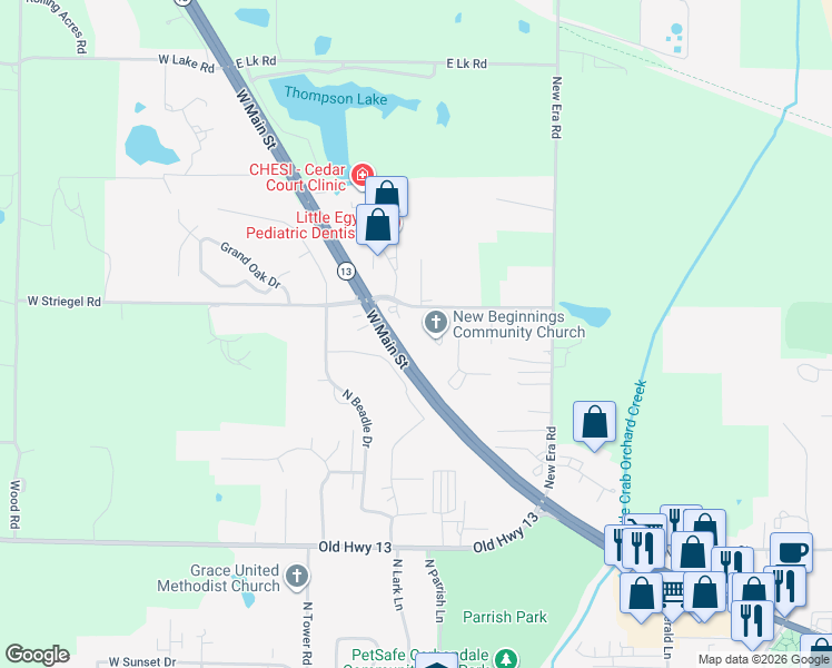 map of restaurants, bars, coffee shops, grocery stores, and more near 2611 West Striegel Road in Carbondale