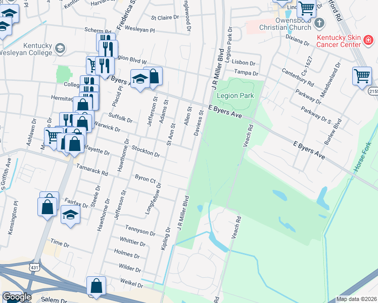 map of restaurants, bars, coffee shops, grocery stores, and more near 3506 Daviess Street in Owensboro