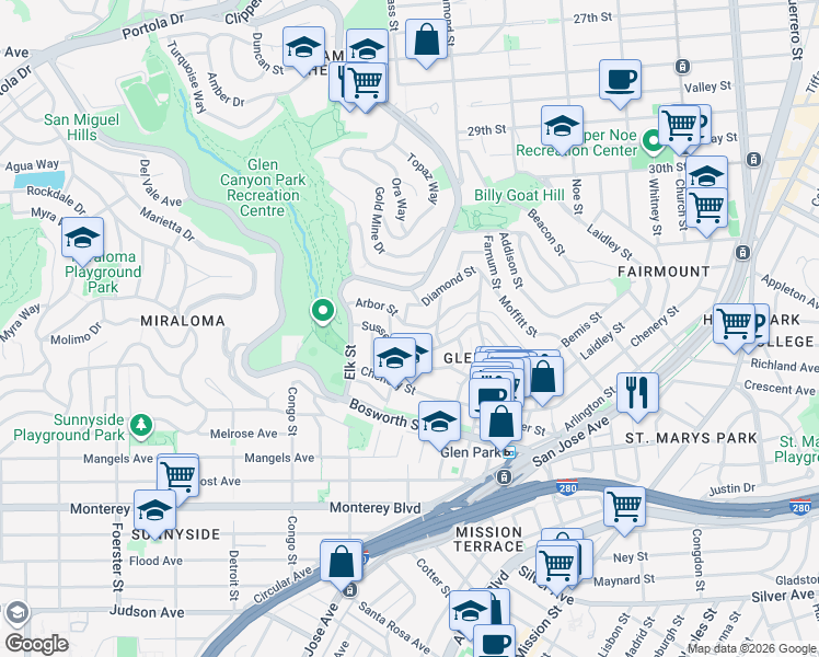 map of restaurants, bars, coffee shops, grocery stores, and more near 175 Arbor Street in San Francisco