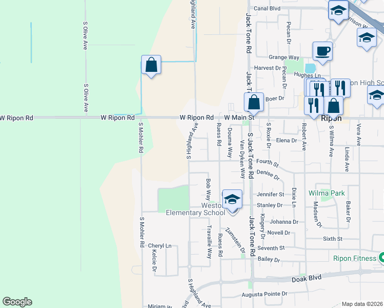 map of restaurants, bars, coffee shops, grocery stores, and more near 426 South Highland Avenue in Ripon