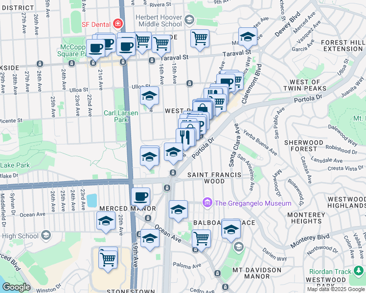 map of restaurants, bars, coffee shops, grocery stores, and more near 380 West Portal Avenue in San Francisco