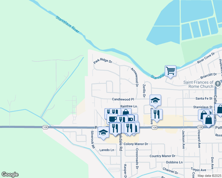 map of restaurants, bars, coffee shops, grocery stores, and more near 6719 Panorama Drive in Riverbank