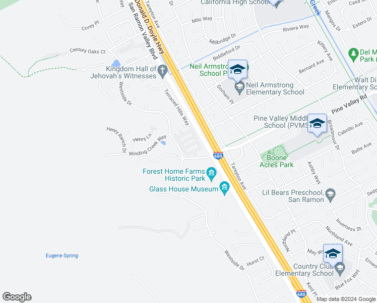 map of restaurants, bars, coffee shops, grocery stores, and more near 4 Terraced Hills Circle in San Ramon