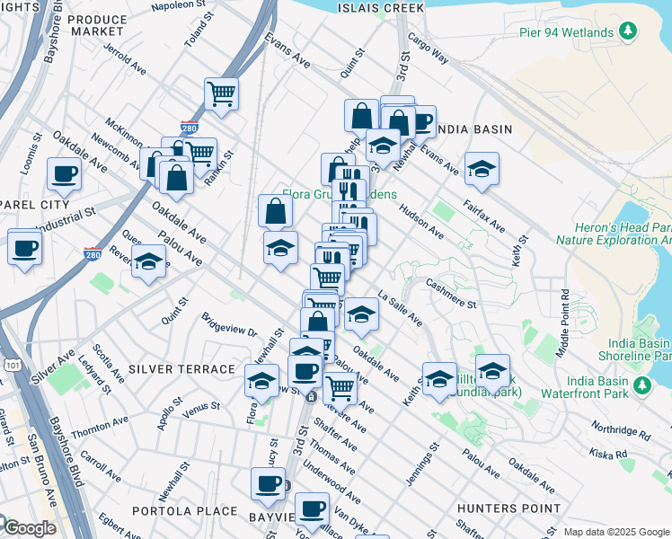 map of restaurants, bars, coffee shops, grocery stores, and more near 1696 McKinnon Avenue in San Francisco
