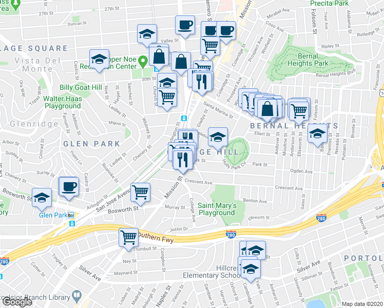 map of restaurants, bars, coffee shops, grocery stores, and more near 3717 Mission Street in San Francisco