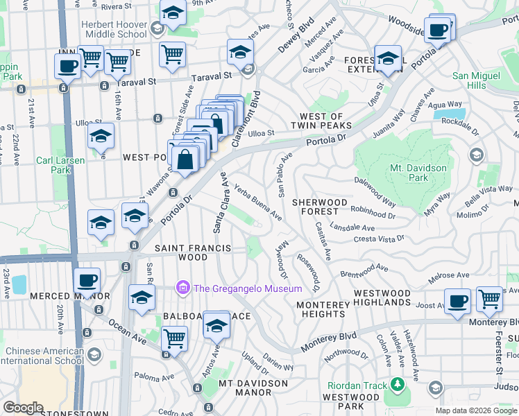 map of restaurants, bars, coffee shops, grocery stores, and more near 107 Yerba Buena Avenue in San Francisco