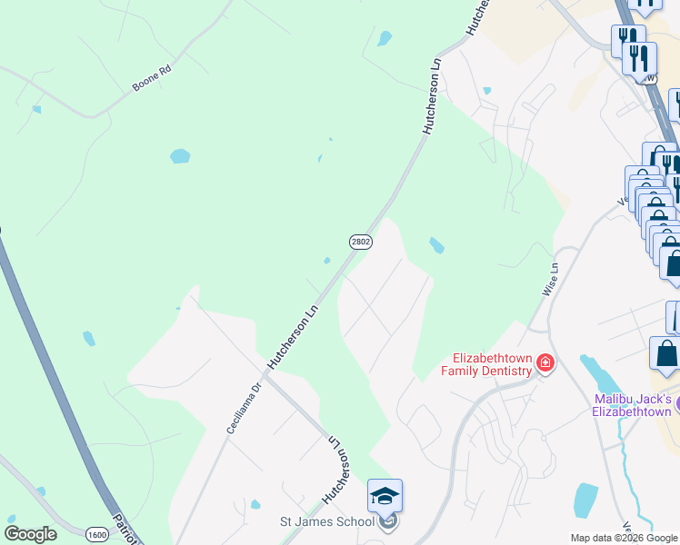 map of restaurants, bars, coffee shops, grocery stores, and more near Wolfe Run Road in Elizabethtown