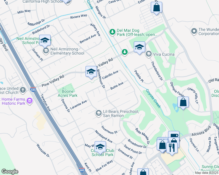 map of restaurants, bars, coffee shops, grocery stores, and more near 221 Riverton Place in San Ramon