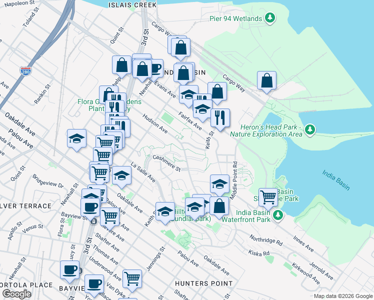 map of restaurants, bars, coffee shops, grocery stores, and more near 1340 Hudson Avenue in San Francisco