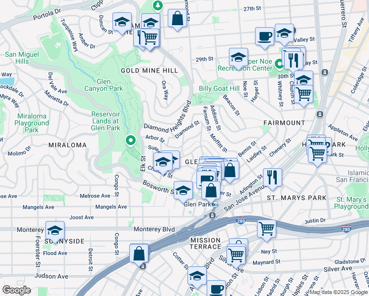 map of restaurants, bars, coffee shops, grocery stores, and more near 117 Conrad St in San Francisco