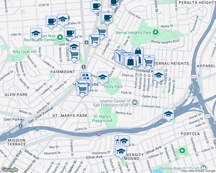 map of restaurants, bars, coffee shops, grocery stores, and more near 625 Holly Park Circle in San Francisco