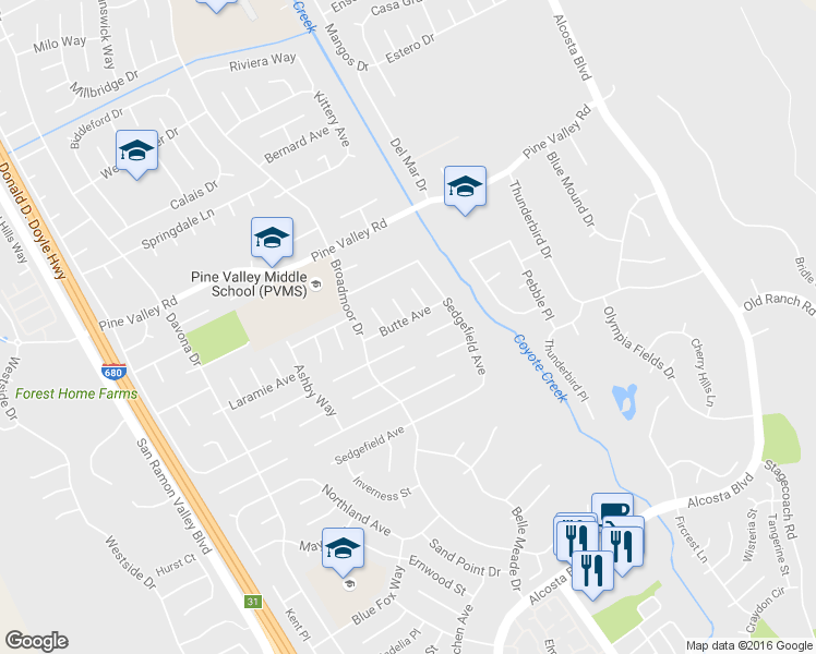 map of restaurants, bars, coffee shops, grocery stores, and more near 3036 Butte Avenue in San Ramon