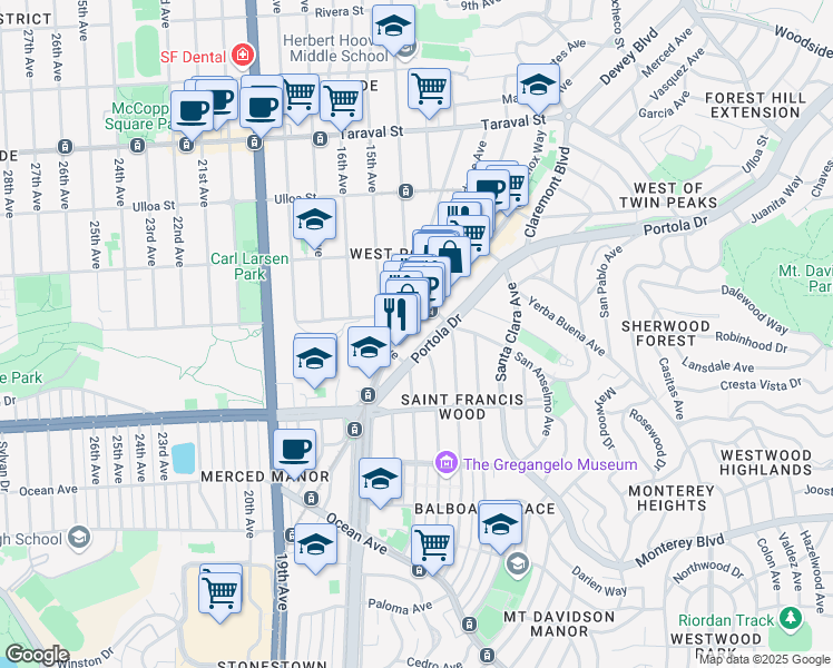 map of restaurants, bars, coffee shops, grocery stores, and more near 1538 Portola Drive in San Francisco