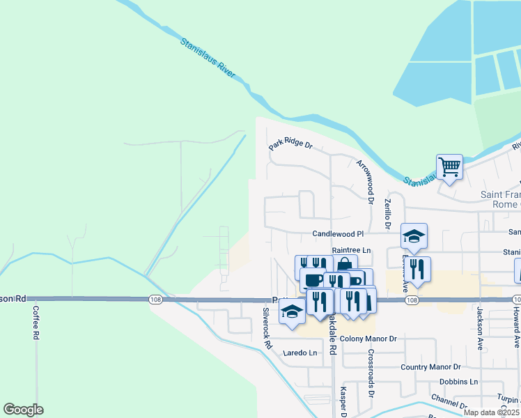 map of restaurants, bars, coffee shops, grocery stores, and more near 6725 Woodhaven Place in Riverbank