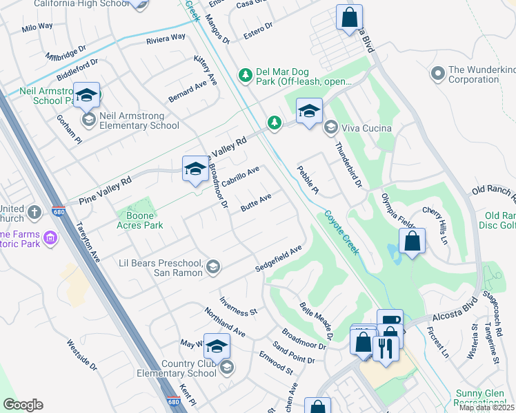 map of restaurants, bars, coffee shops, grocery stores, and more near 3036 Butte Avenue in San Ramon