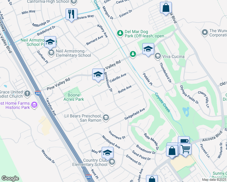 map of restaurants, bars, coffee shops, grocery stores, and more near 9746 Broadmoor Drive in San Ramon