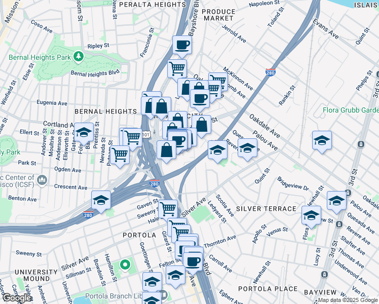 map of restaurants, bars, coffee shops, grocery stores, and more near 77 Charter Oak Avenue in San Francisco