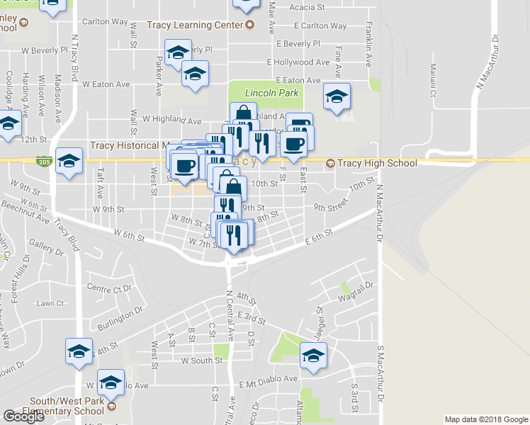 map of restaurants, bars, coffee shops, grocery stores, and more near 105 East 8th Street in Tracy