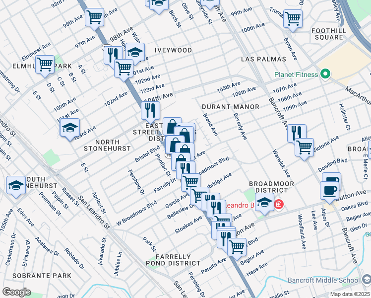 map of restaurants, bars, coffee shops, grocery stores, and more near 10950 East 14th Street in Oakland