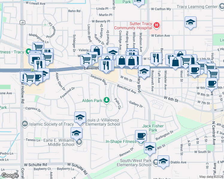 map of restaurants, bars, coffee shops, grocery stores, and more near 879 Palm Circle in Tracy