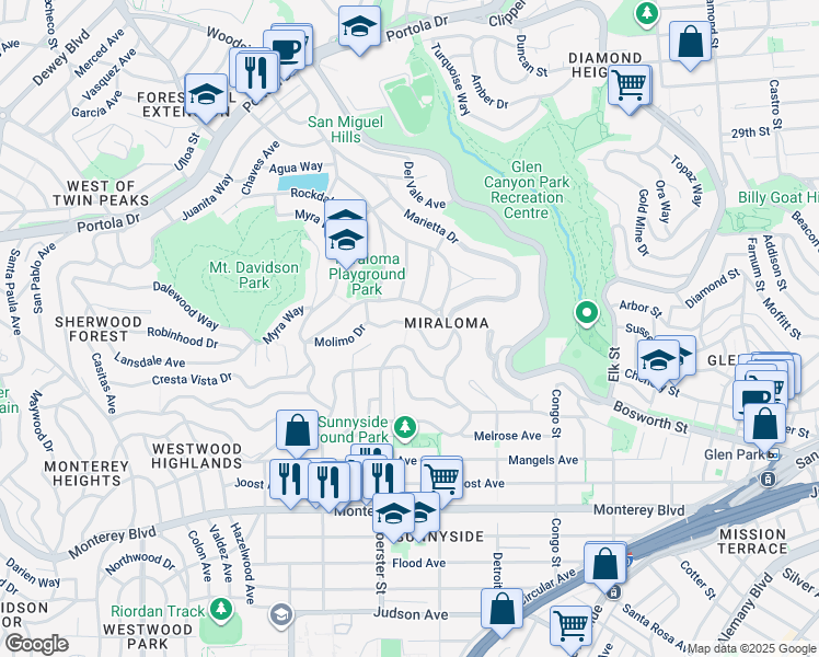 map of restaurants, bars, coffee shops, grocery stores, and more near 95 Molimo Drive in San Francisco