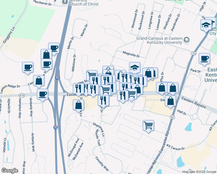 map of restaurants, bars, coffee shops, grocery stores, and more near 525b Leighway Drive in Richmond