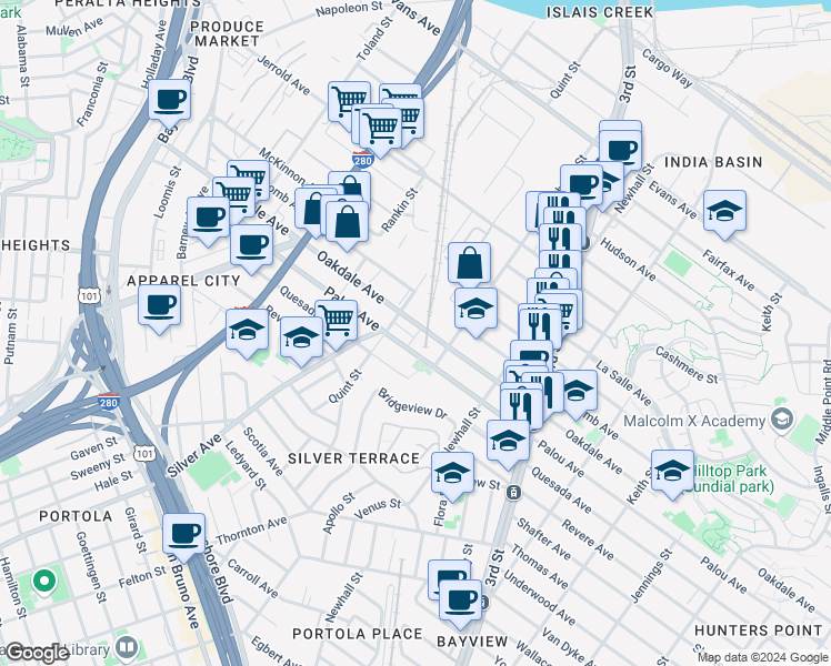 map of restaurants, bars, coffee shops, grocery stores, and more near 1851 Oakdale Avenue in San Francisco